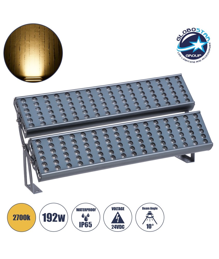 GloboStar® FLOOD-TENA 90225 Προβολέας Wall Washer για Φωτισμό Κτιρίων LED 192W 17280lm 10° DC 24V Αδιάβροχο IP65 L68.5 x W33 x H24cm Θερμό Λευκό 2700K - Ασημί - 3 Years Warranty